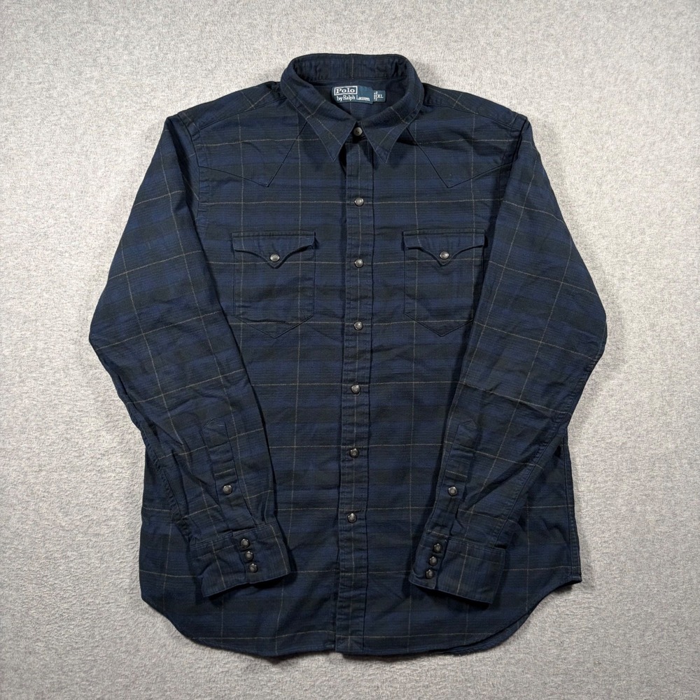 Polo Ralph Lauren Western Shirt Mens XL Blue Plaid Pearl Snap Flannel Cotton